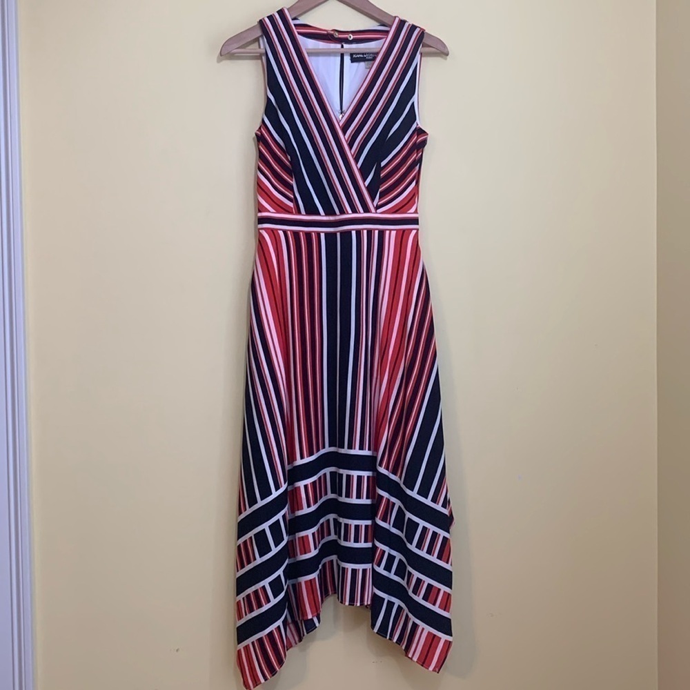 Karl Lagerfeld | Red White Blue Striped Sleeveless Handkerchief Hem Midi Dress 0 - Picture 3 of 17